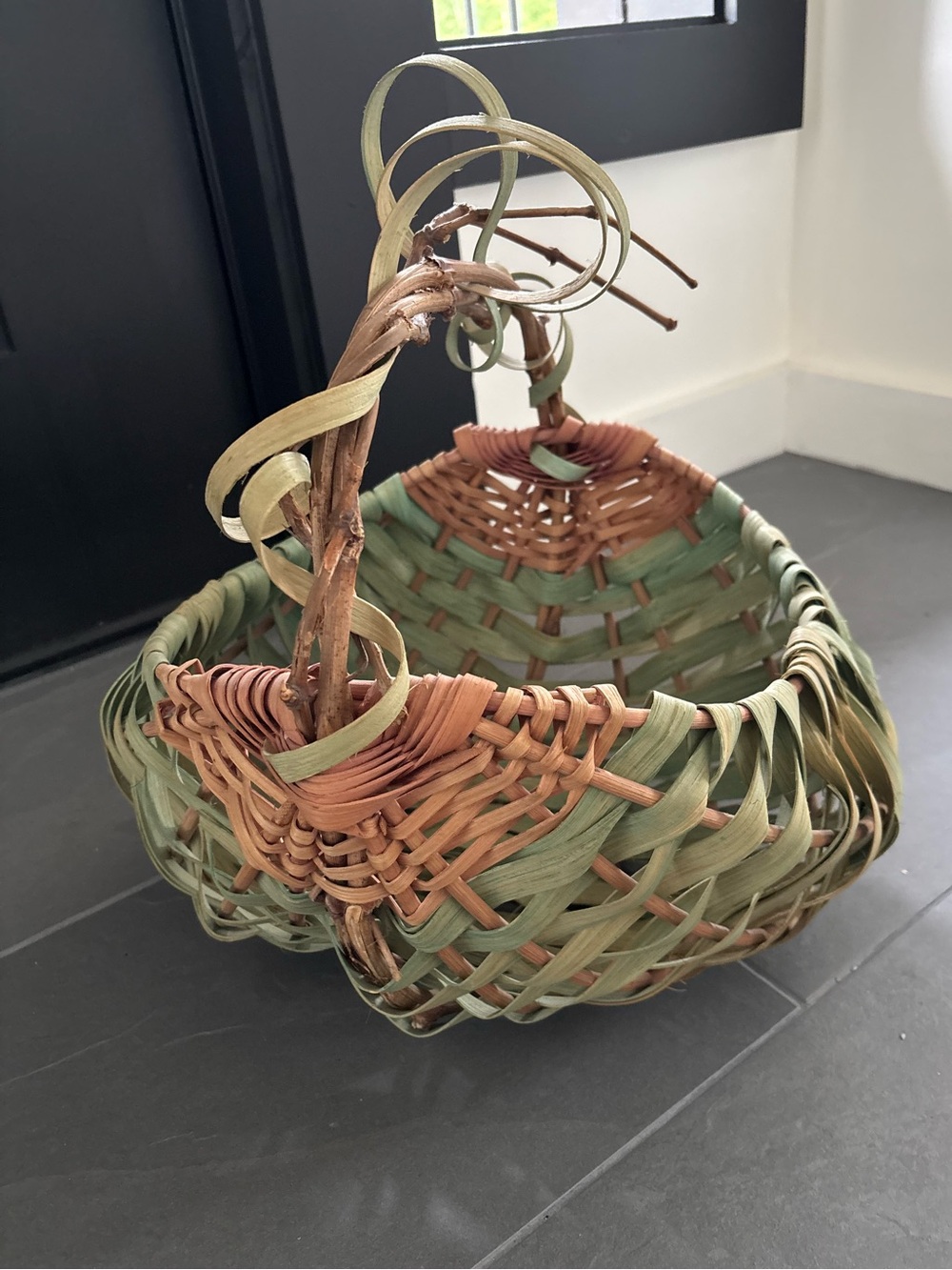 Vintage Rustic Handwoven Buttocks/Melon Basket,Old,Twig Handles, Sage Green/Tan